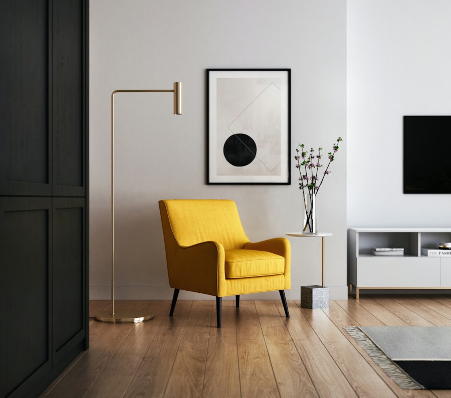 Living room with sofa and armchairs positioned 30cm away from the walls on all sides, creating a visible perimeter gap that makes the room appear wider and more open